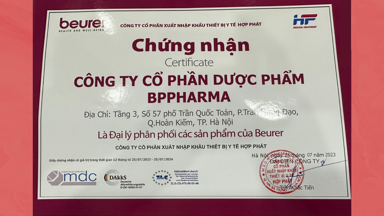 Giấy chứng nhận BPPharma là đại lý phân phối của Beurer