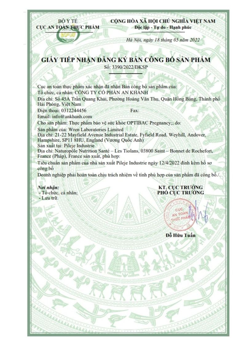 Bản công bố sản phẩm của OptiBac Probiotics For Pregnancy (30 viên)