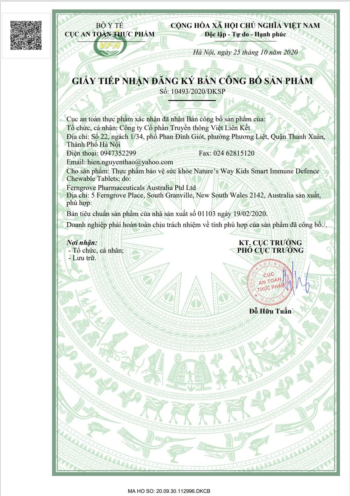 Bản công bố sản phẩm của Nature's Way Kids Smart Immune Defence