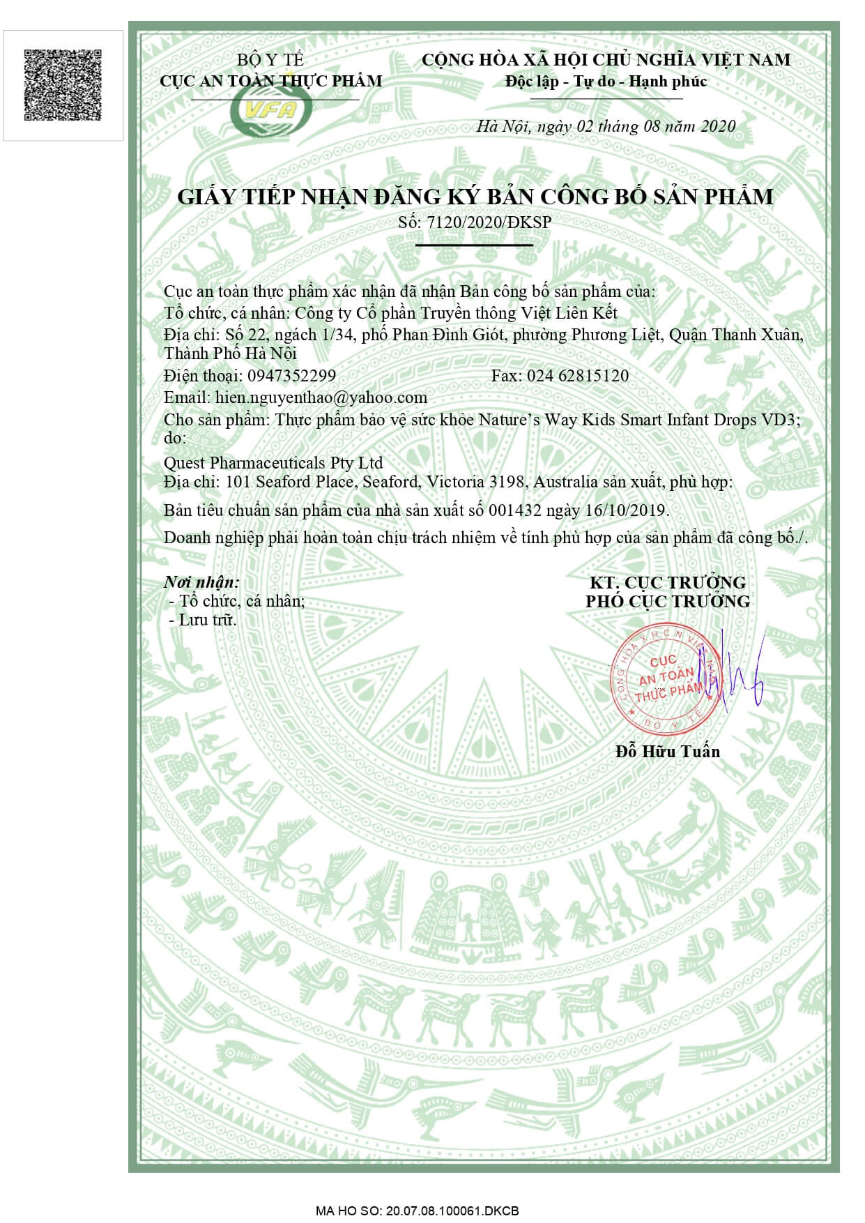 Bản công bố đăng Ký Nature’s Way Kids Smart Infant Drops VD3