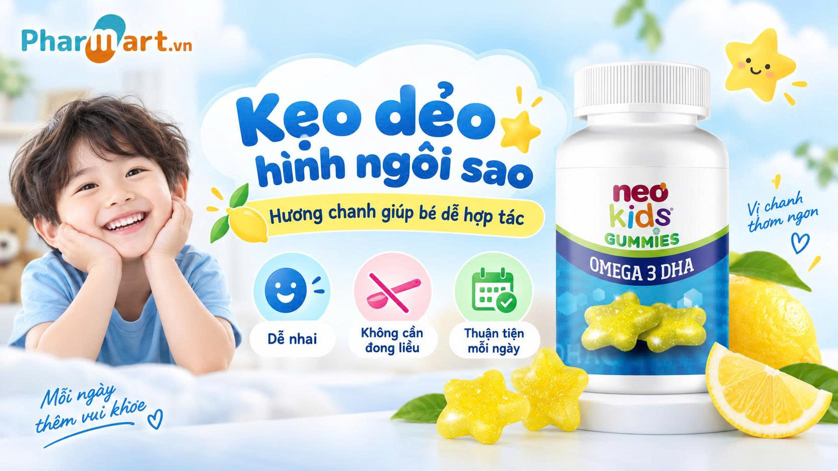 Neo Kids Gummies Omega 3 DHA thu h&uacute;t b&eacute; bởi h&igrave;nh d&aacute;ng ng&ocirc;i sao bắt mắt v&agrave; vị chanh chua ngọt