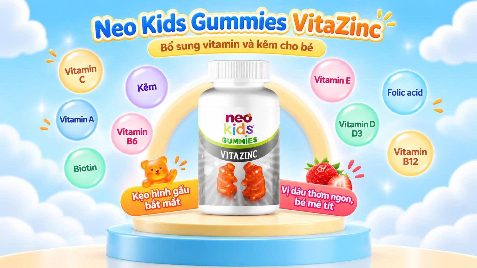 Neo Kids Gummies Vitazinc bổ sung Kẽm và Vitamin cho bé từ 3 tuổi