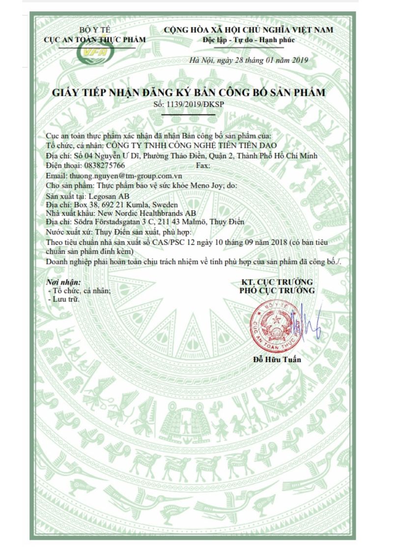 Bản công bố sản phẩm của New Nordic Meno Joy