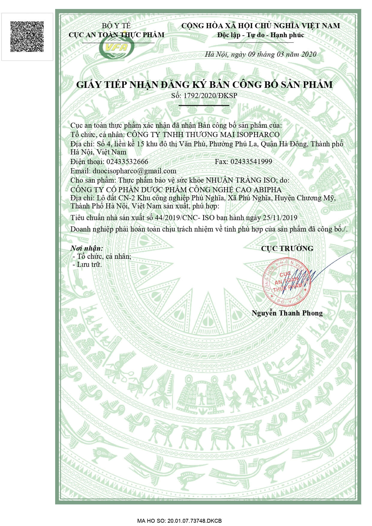 Giấy tiếp nhận đăng ký bản công bố sản phẩm Nhuận tràng ISO