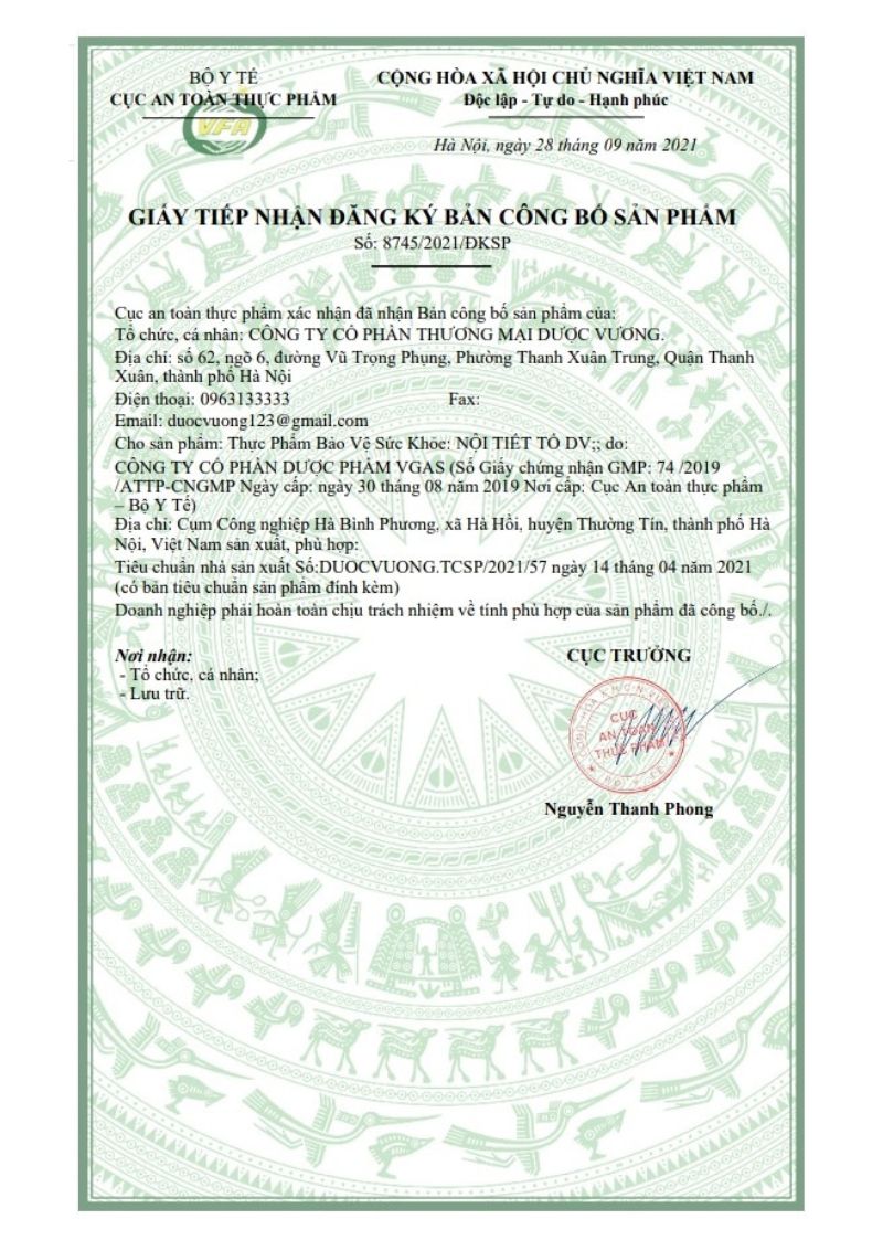 Bản công bố sản phẩm của Nội tiết tố Dược Vương