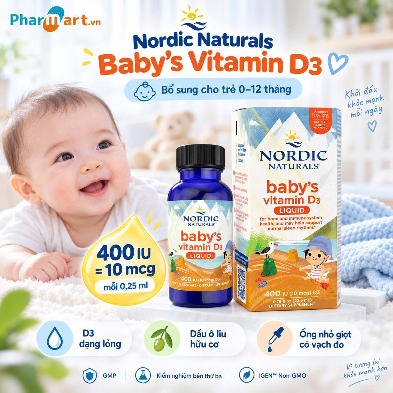 Nordic Naturals Baby's Vitamin D3 liều dùng nhỏ, không mùi, dễ uống