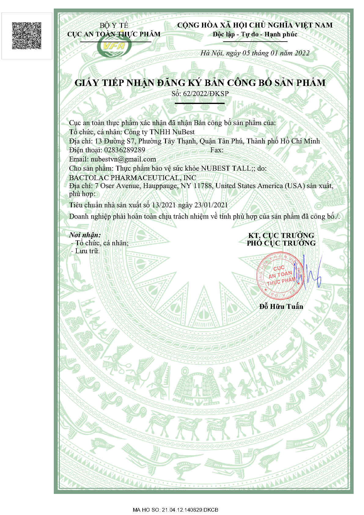 Giấy tiếp nhận bản công bố NuBest Tall được cấp phép bởi Bộ y tế