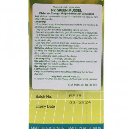 Tem Tiếng việt của sản phẩm NZ Green Mussel + Gluocosamine