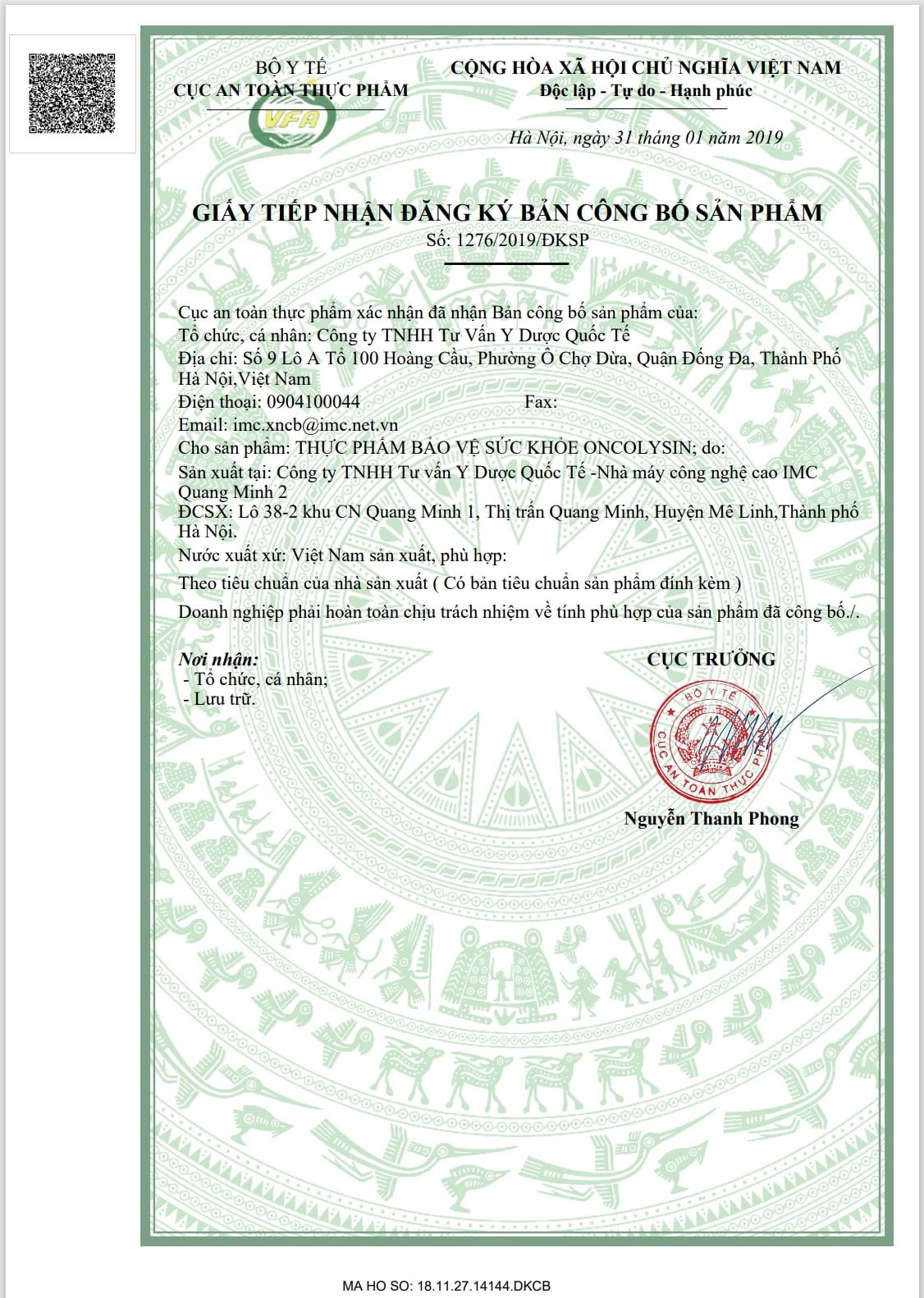 Bản công bố sản phẩm của Oncolysin