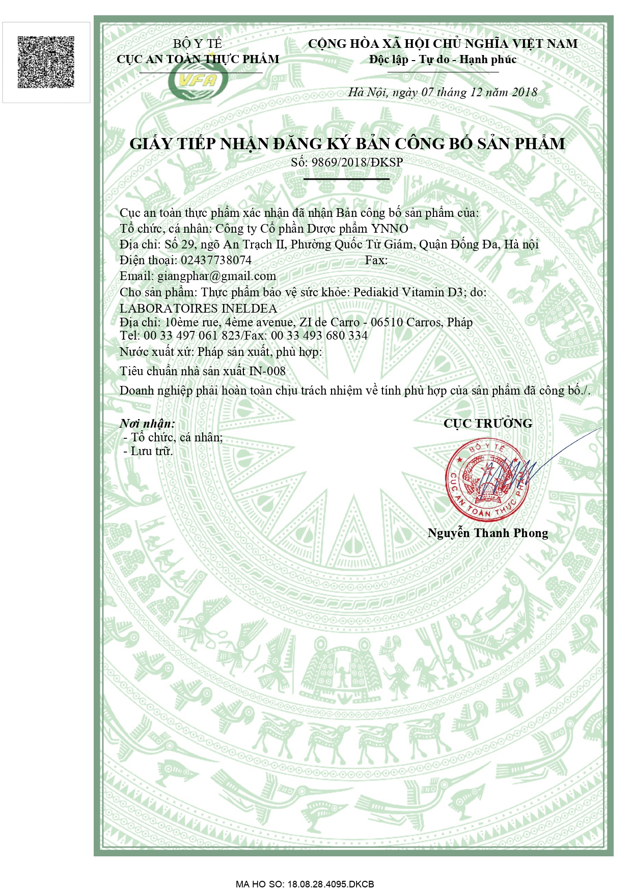 Bản công bố sản phẩm Pediakid Vitamin D3