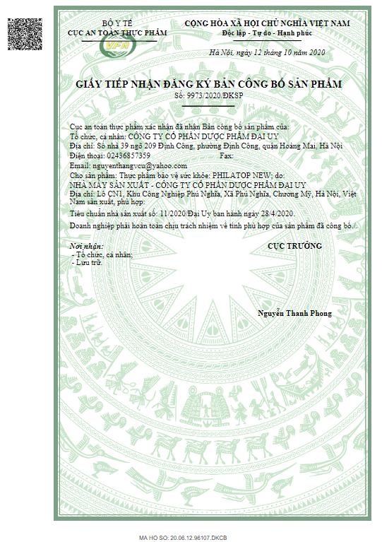 Giấy xác nhận công bố sản phẩm Philatop New bởi Bộ Y tế