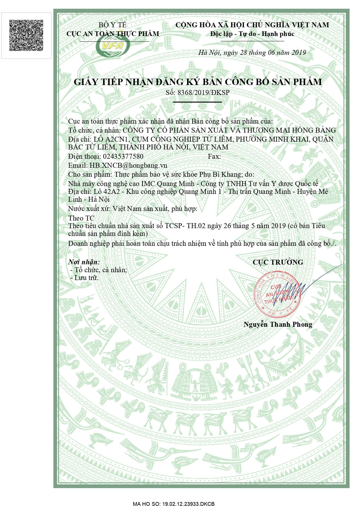 Giấy công bố an toàn thực phẩm 