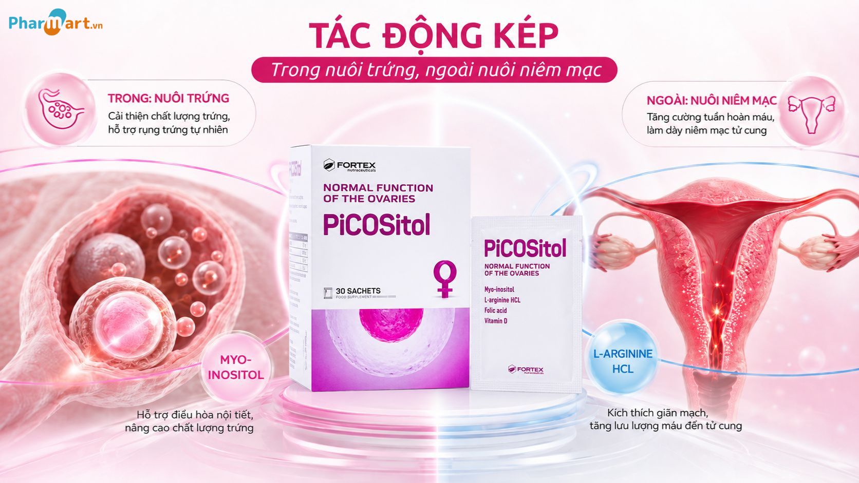 Myo-Inositol kết hợp c&ugrave;ng L-Arginine HCL mang lại t&aacute;c động k&eacute;p