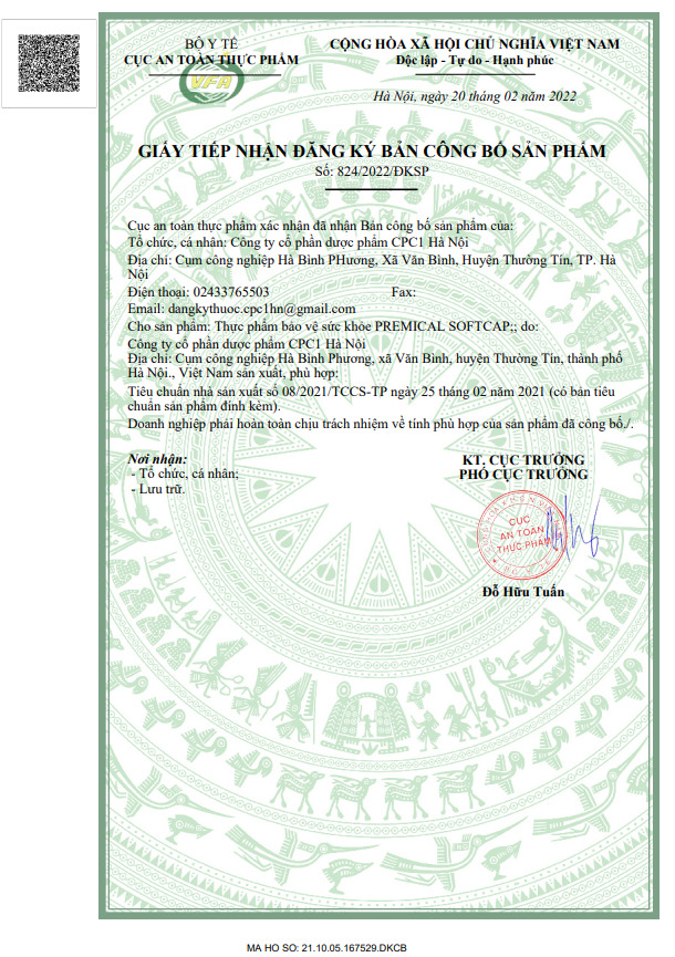 Giấy xác nhận công bố sản phẩm Premical Softcap bởi Bộ Y tế
