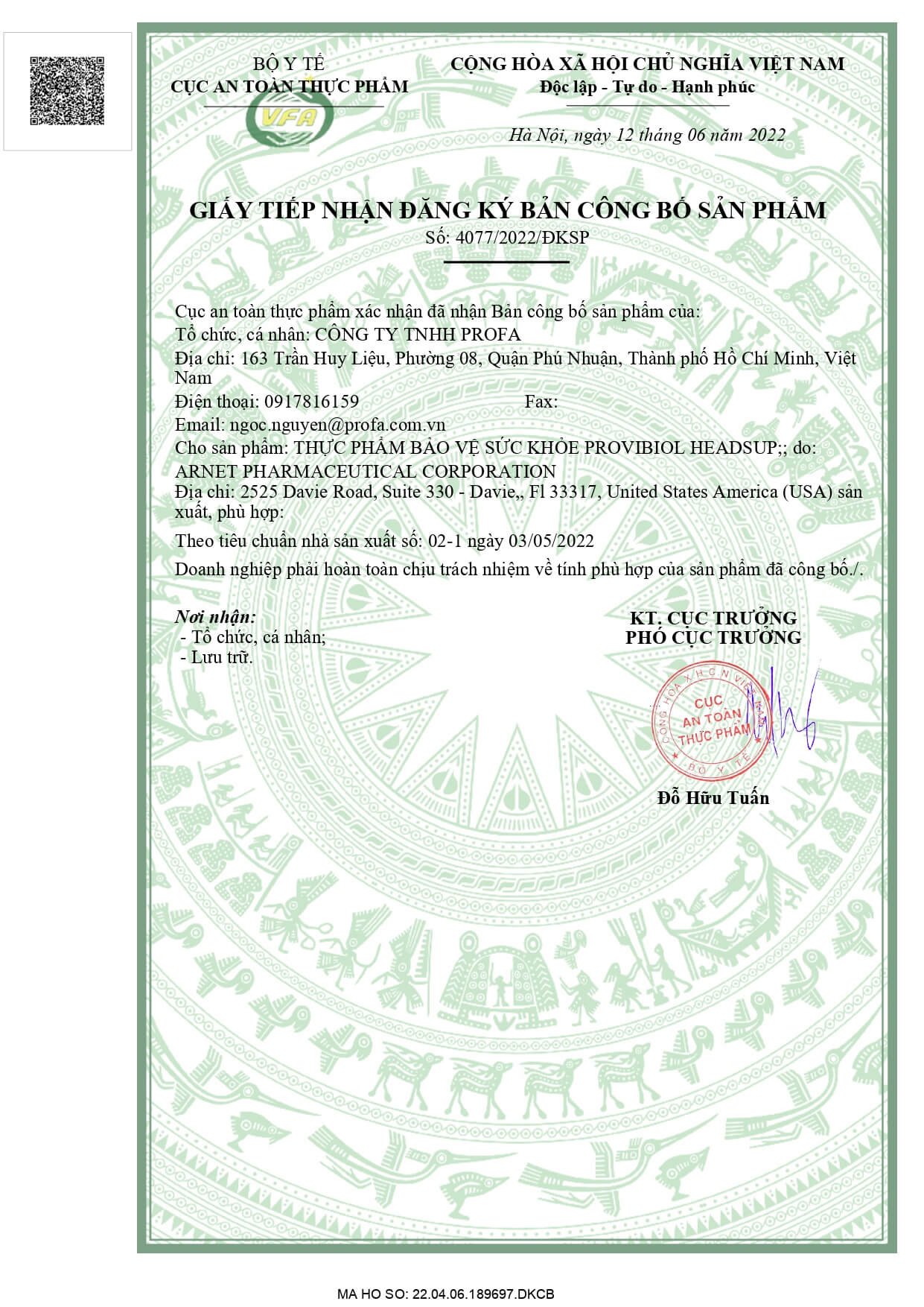 Giấy tiếp nhận đăng ký bản công bố sản phẩm PROVIBIOL HEADSUP