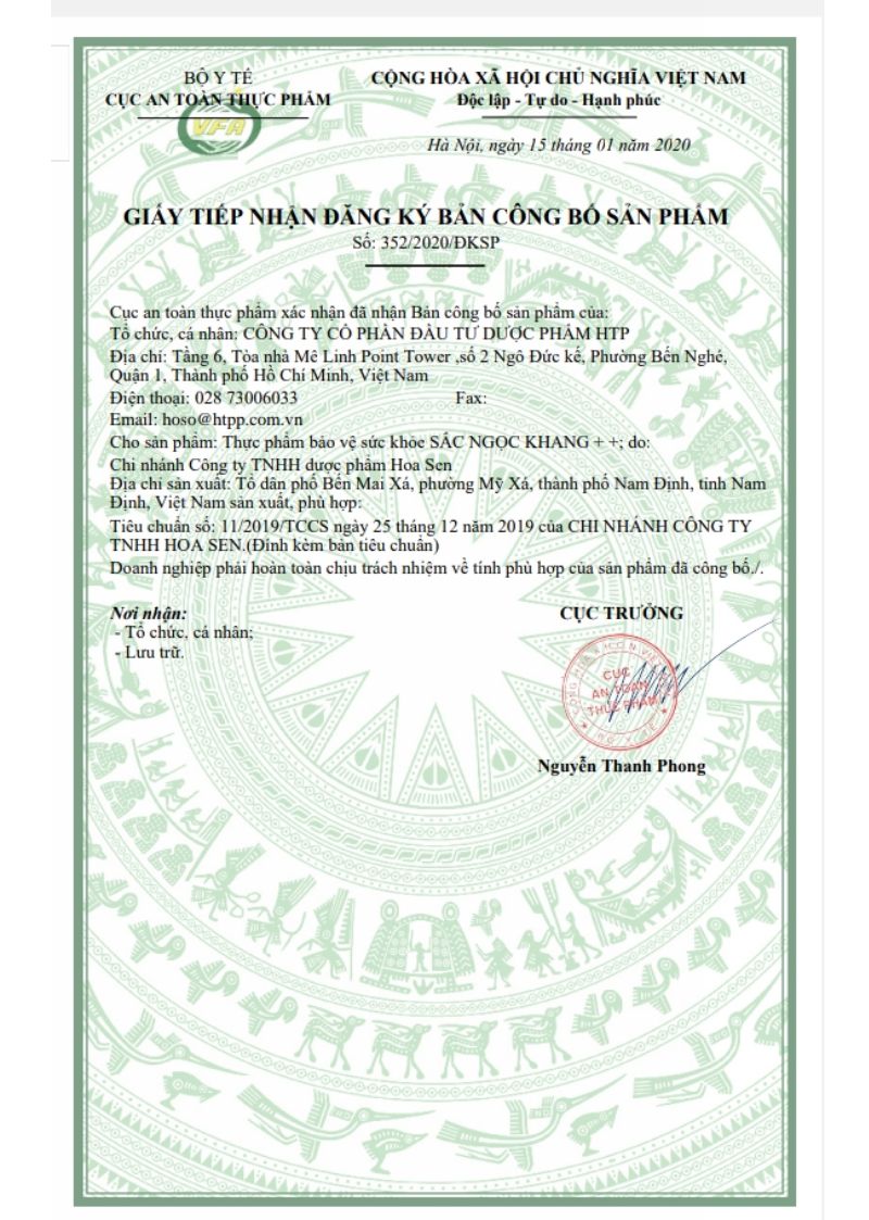 Bản công bố sản phẩm của Sắc Ngọc Khang++