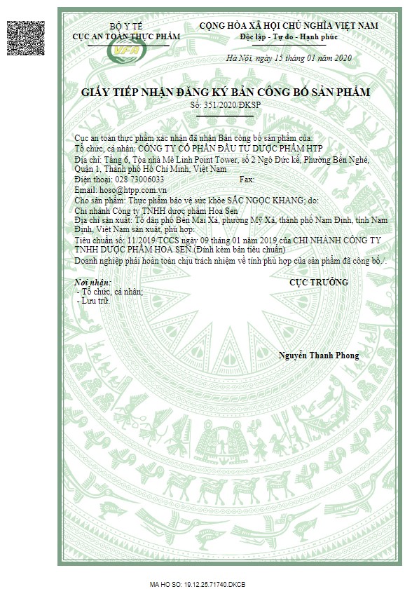 Giấy xác nhận đăng ký công bố sản phẩm Sắc Ngọc Khang cấp bởi Bộ Y tế