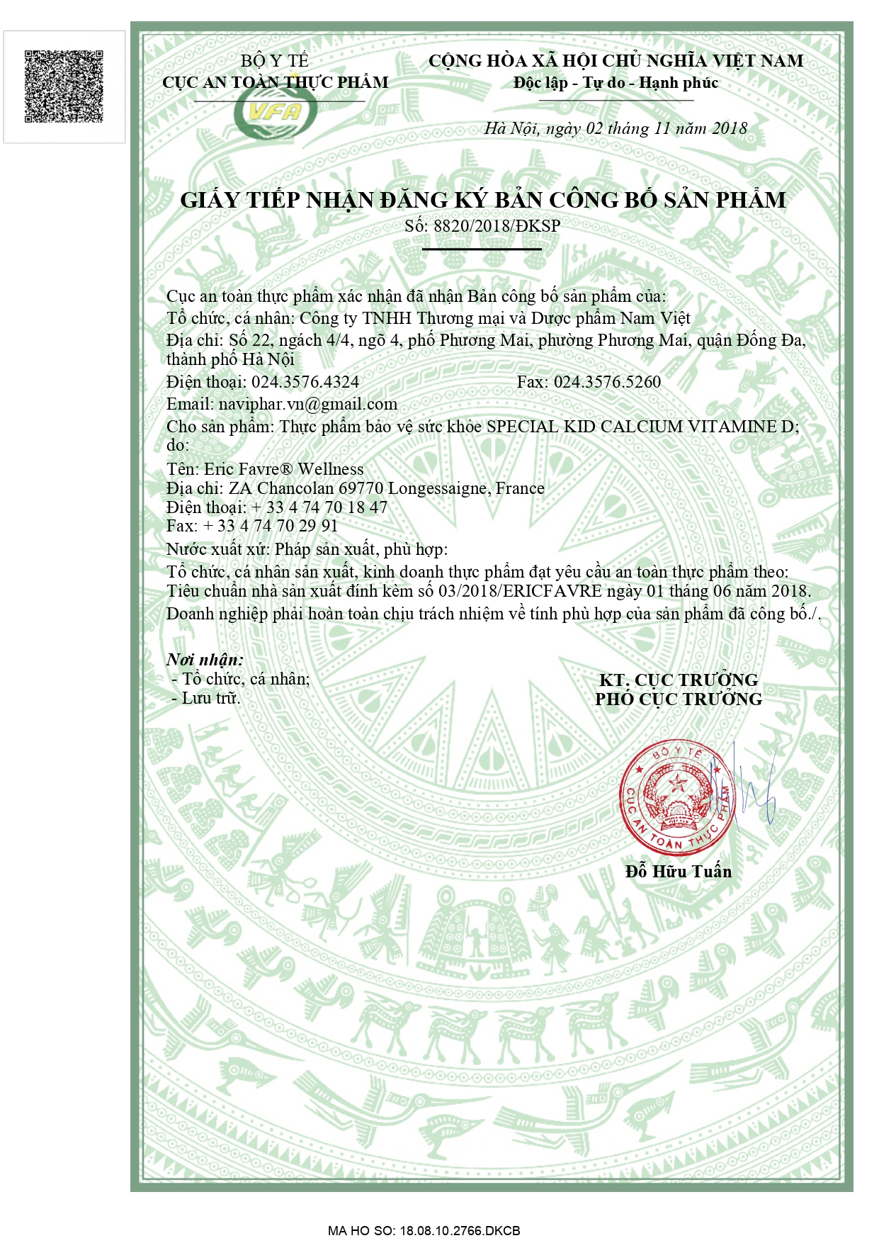 Giấy tiếp nhận đăng ký công bố sản phẩm Special Kid Calcium Vitamine D