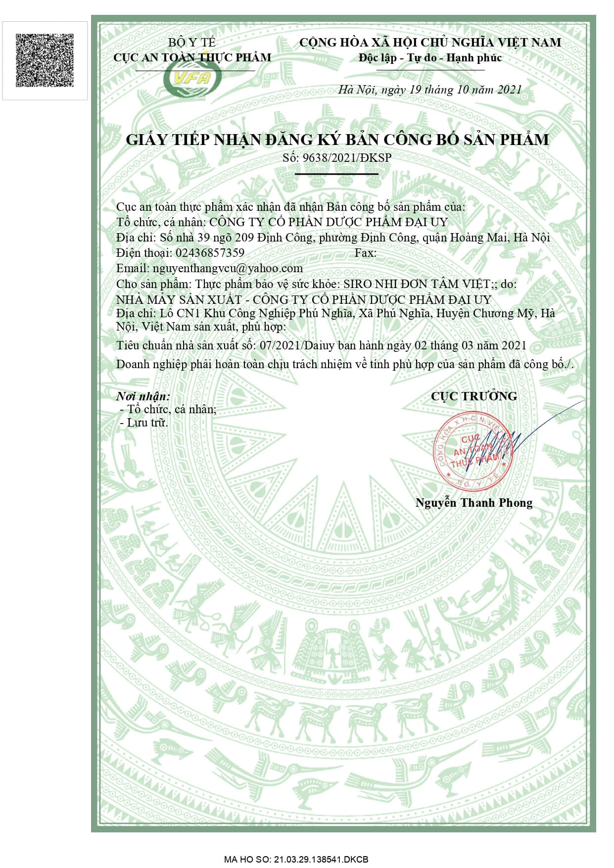 Giấy chứng nhận của Bộ Y tế về sản phẩm Siro cảm cúm Nhi Đơn Tâm Việt