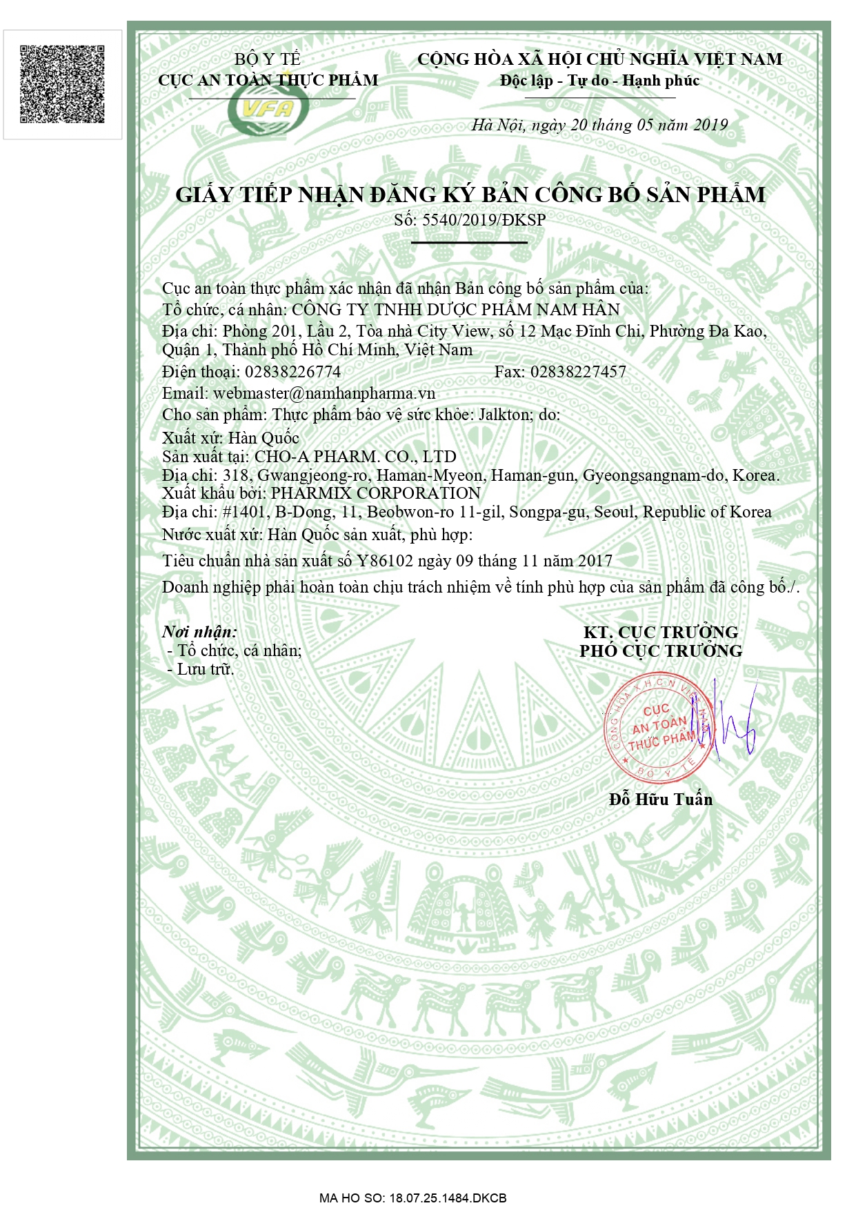 Giấy tiếp nhận đăng ký bản công bố sản phẩm Siro Cao Khỏe Jalkton