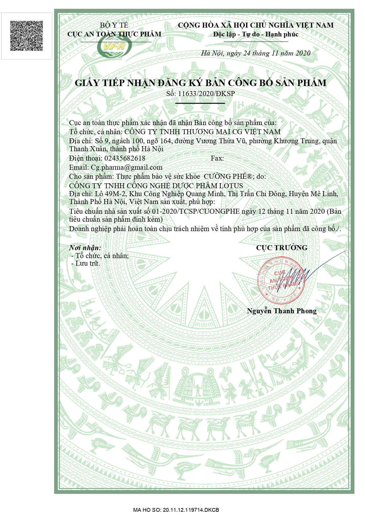 Giấy tiếp nhận đăng ký bản công bố sản phẩm Siro Cường Phế