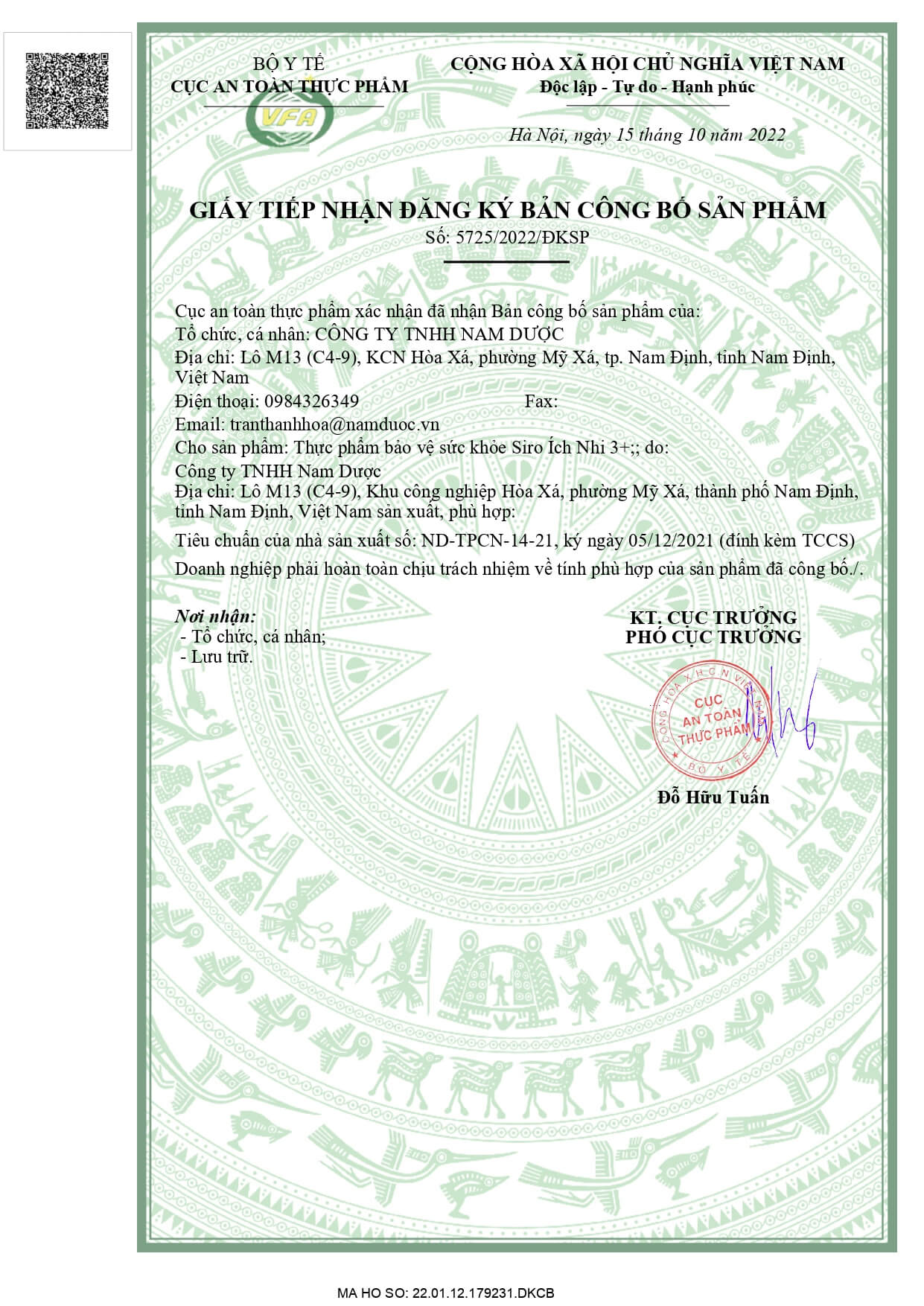 Giấy công bố sản phẩm Siro ho Ích Nhi 3+