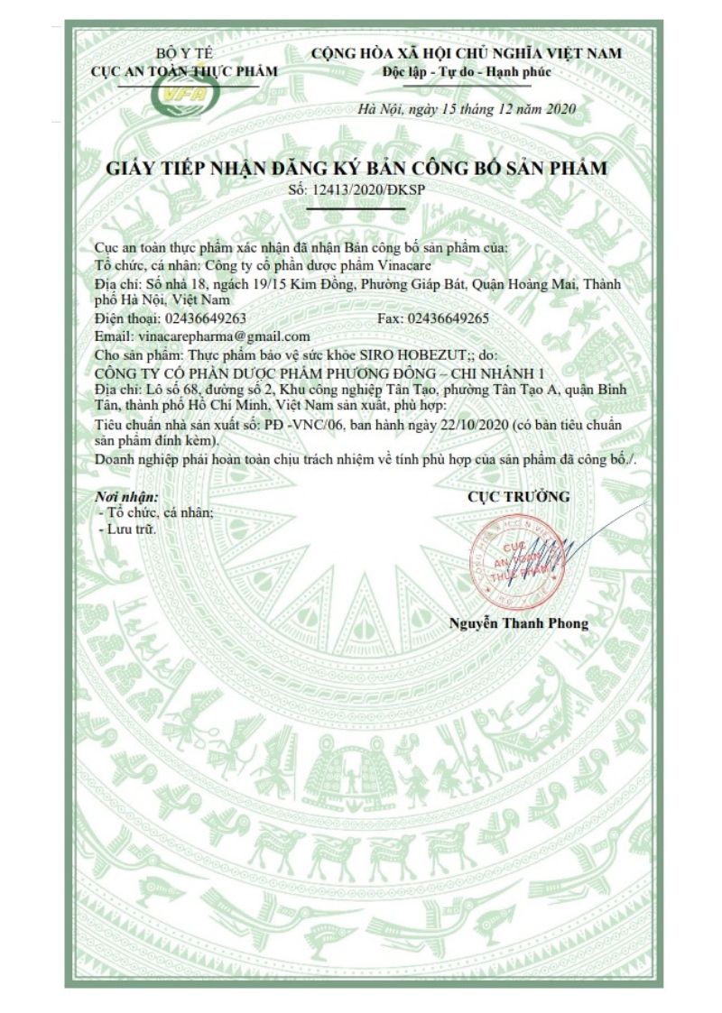 Bản công bố sản phẩm của Siro Hobezut