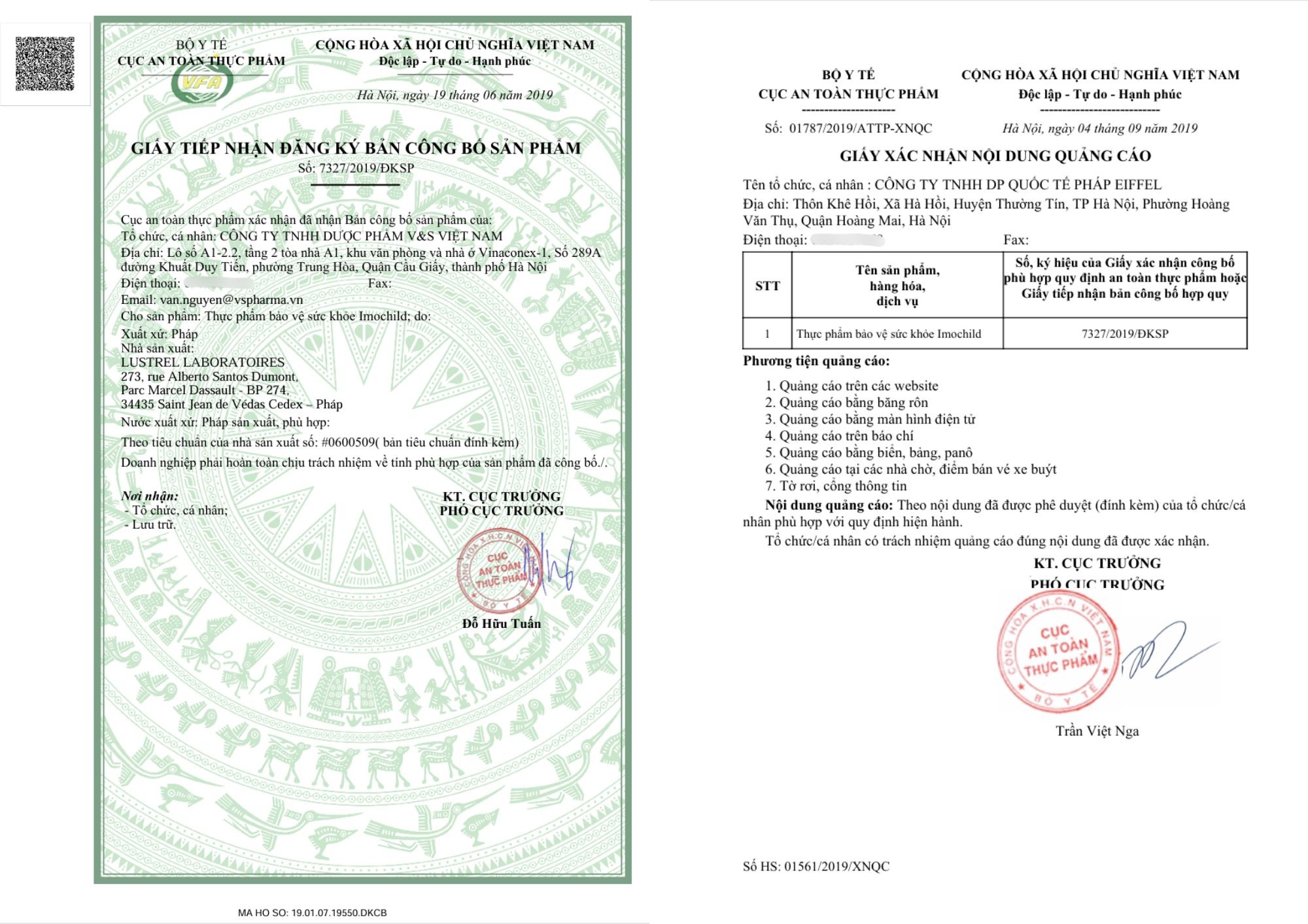 Giấy công bố, xác nhận quảng cáo Imochild Tăng đề kháng
