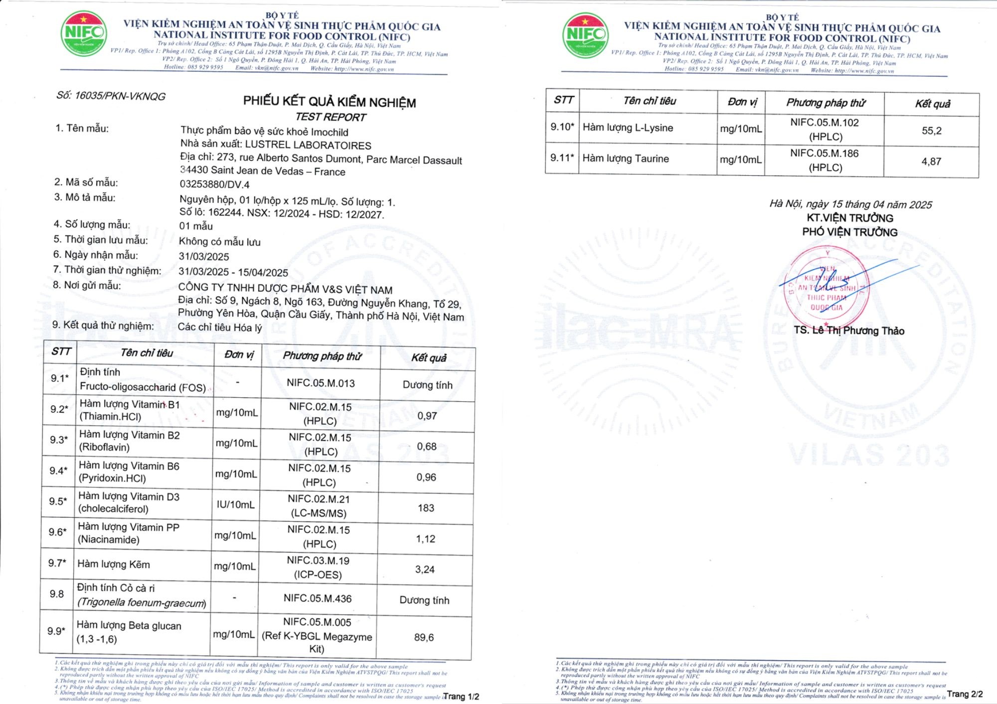 Phiếu kiểm nghiệm sản phẩm Tăng đề kháng Imochild