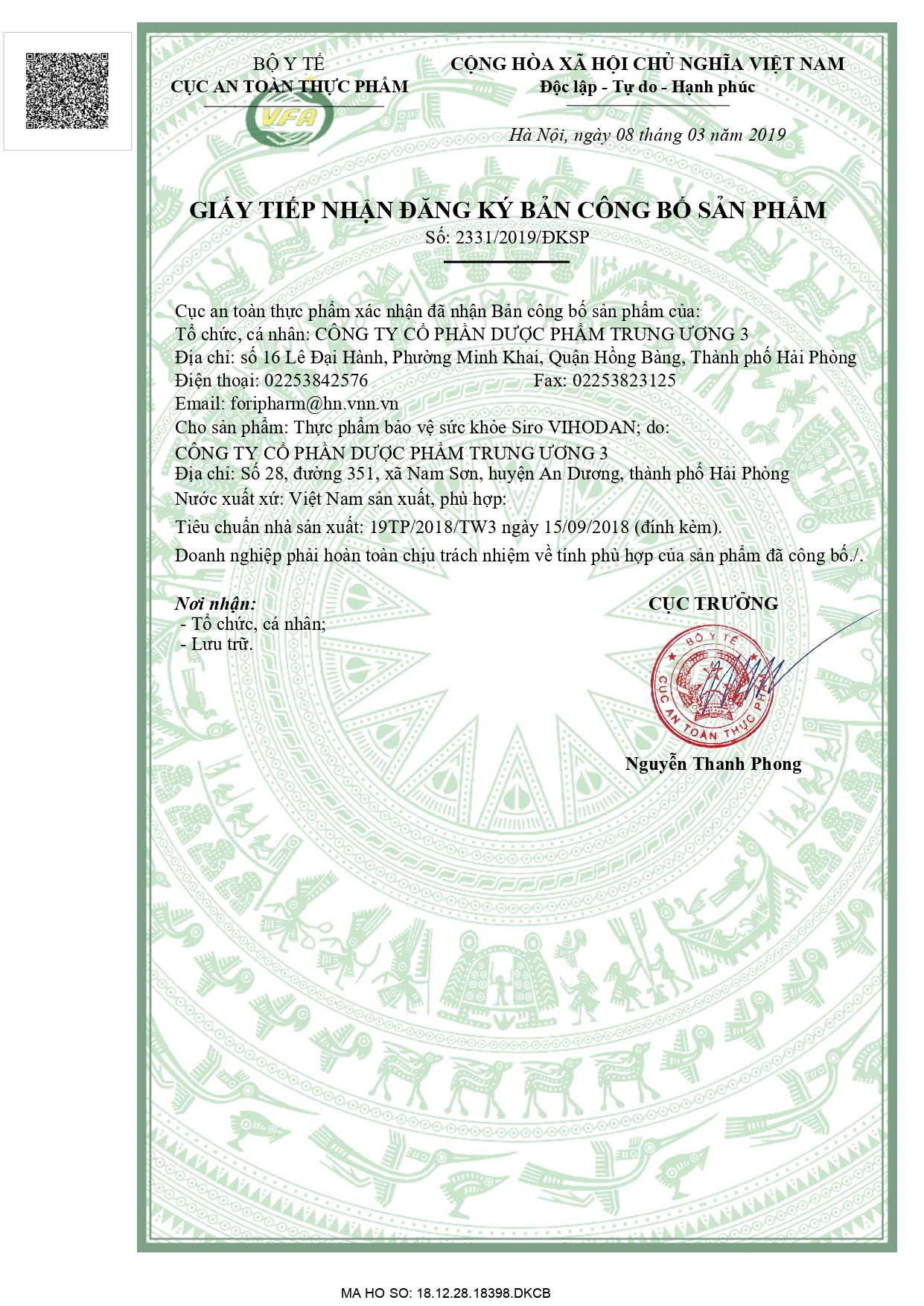 Giấy đăng ký công bố sản phẩm Siro Vihodan