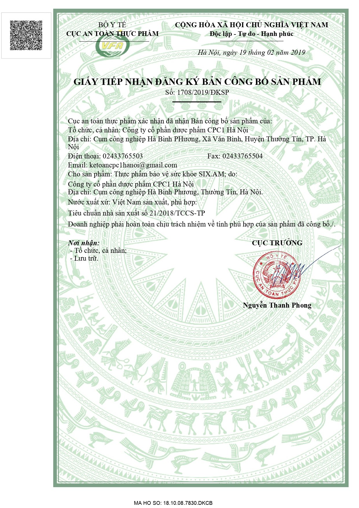 Giấy chứng nhận đăng ký công bố sản phẩm SIX Am