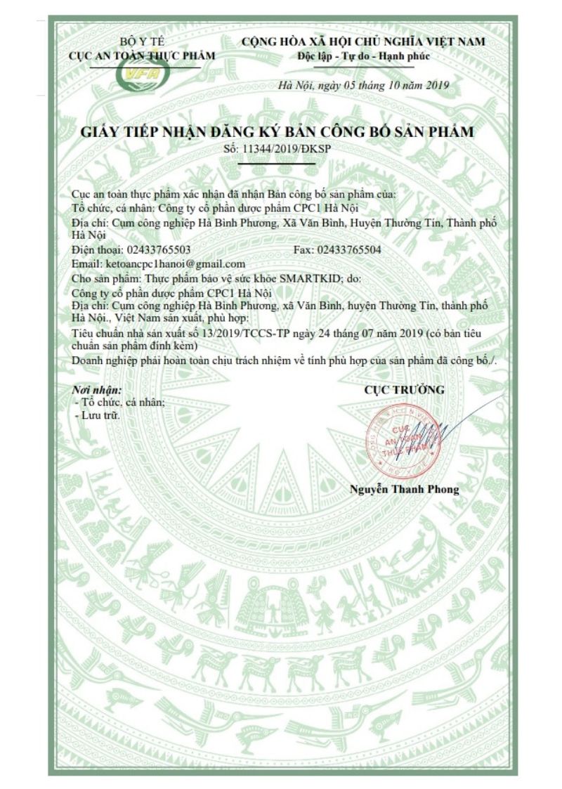 Bản công bố sản phẩm của Smart Kid