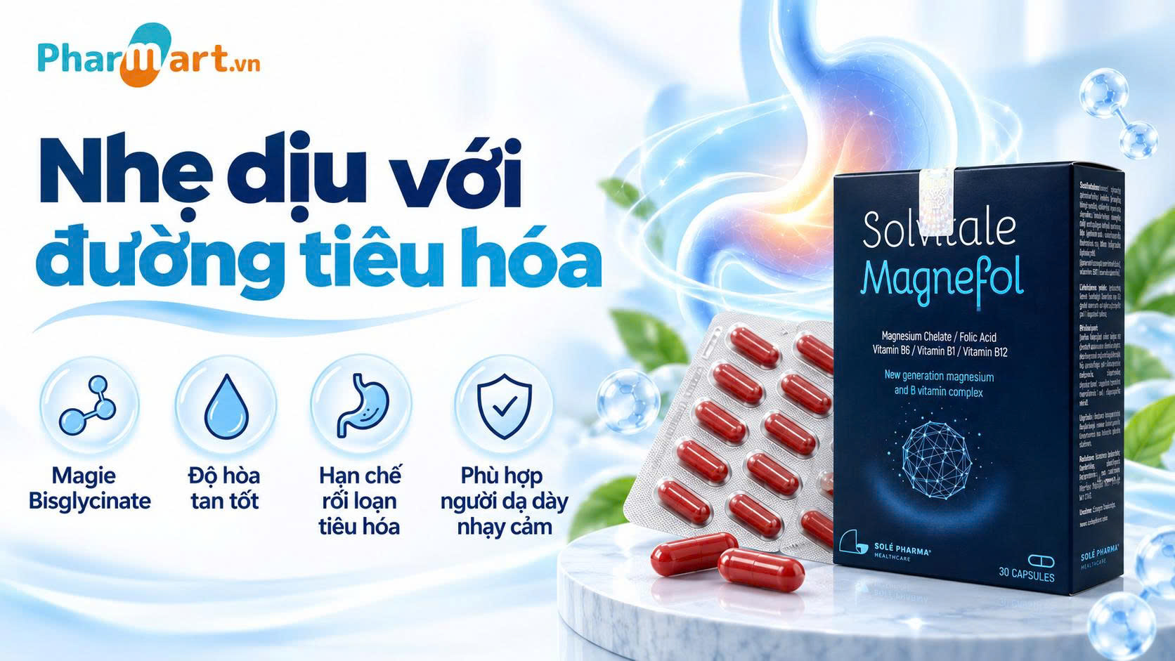 Solvitale Magnefol sử dụng Magie Bisglycinate hạn chế k&iacute;ch ứng với đường ti&ecirc;u h&oacute;a