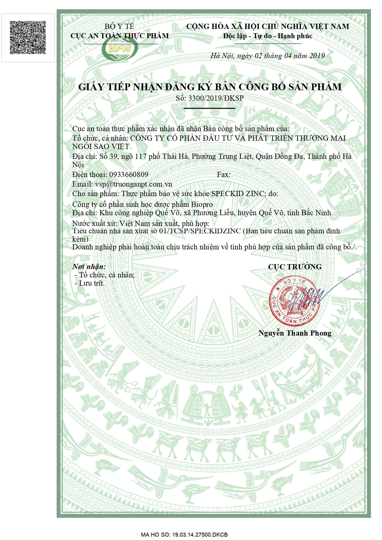 Giấy chứng nhận của Bộ Y tế về sản phẩm  Speckid Zinc