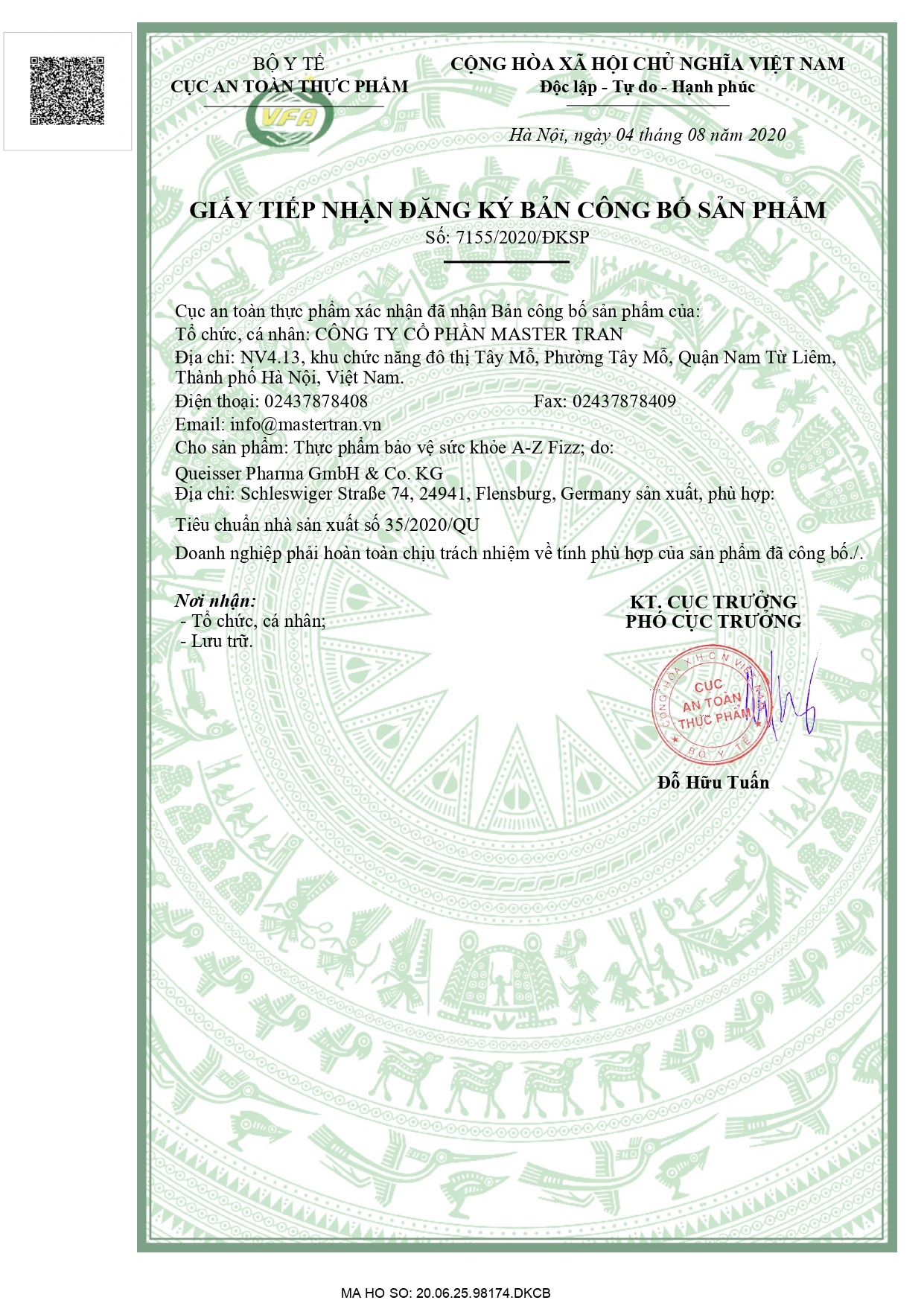 Giấy chứng nhận đăng ký viên sủi AZ Fizz do Bộ y tế cung cấp