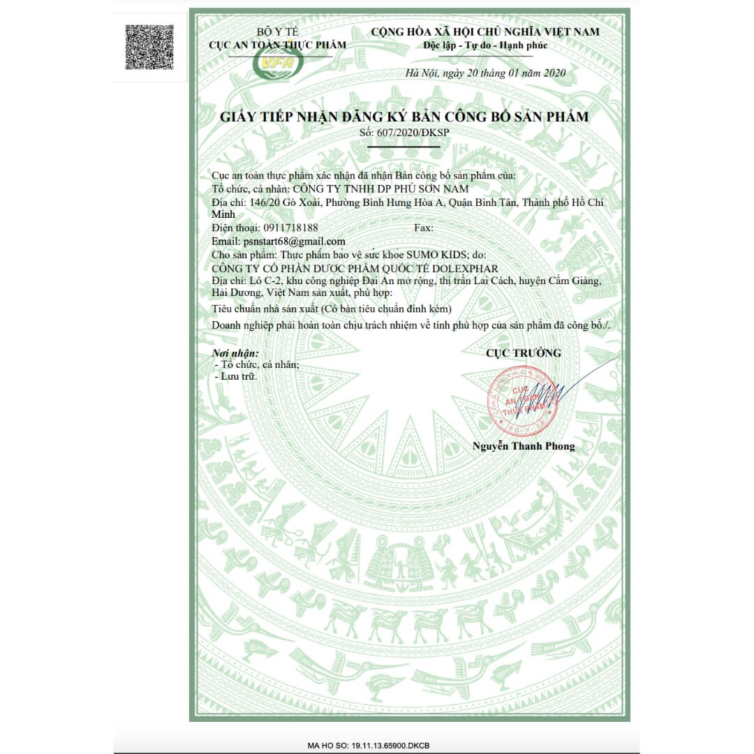 Giấy chứng nhận công bố sản phẩm Sumo kids bởi Bộ Y tế