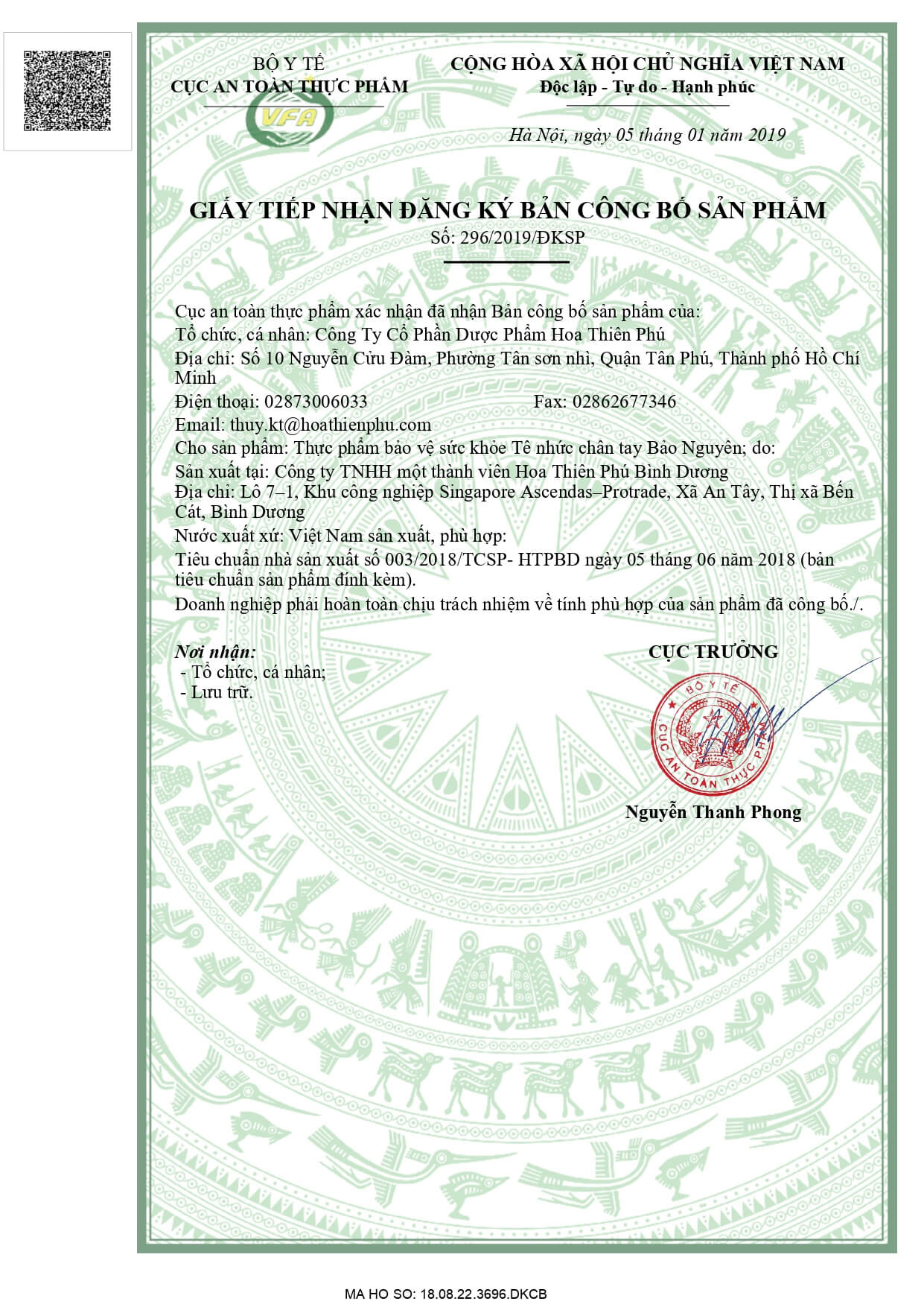 Giấy đăng ký công bố sản phẩm Tê Nhức Chân Tay Bảo Nguyên