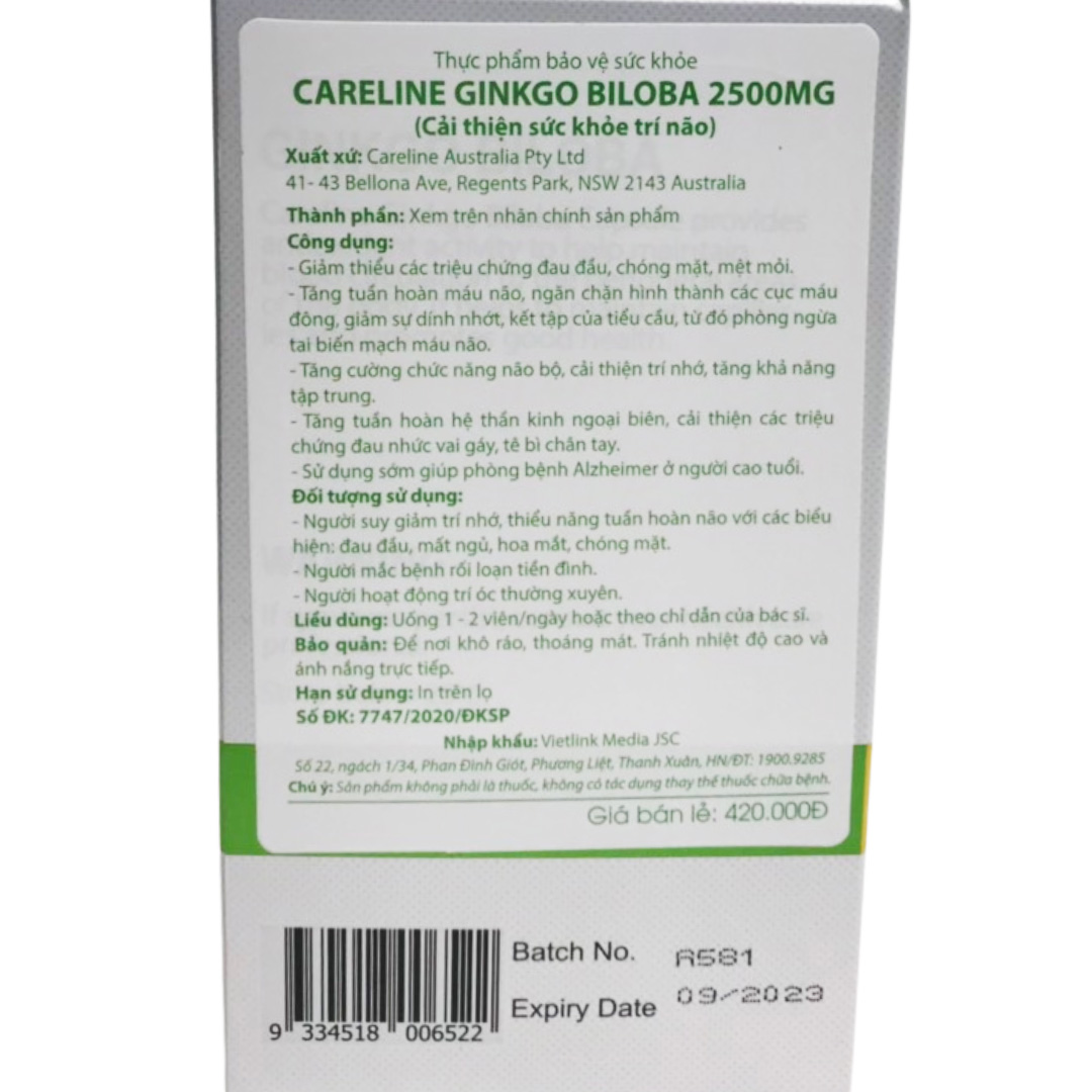 nhãn phụ tiếng việt của sản phẩm ginkgo biloba careline 2500mg