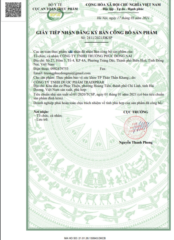 Giấy đăng ký sản phẩm Thảo Thần Khang