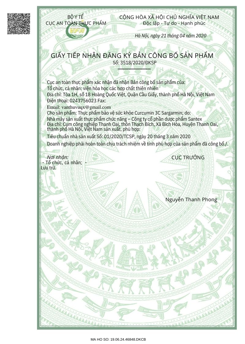 Giấy đăng ký công bố sản phẩm Tinh chất nghệ Curcumin 3C