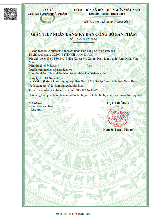 Giấy Xác Nhận Công Bố Sản Phẩm Diabetna