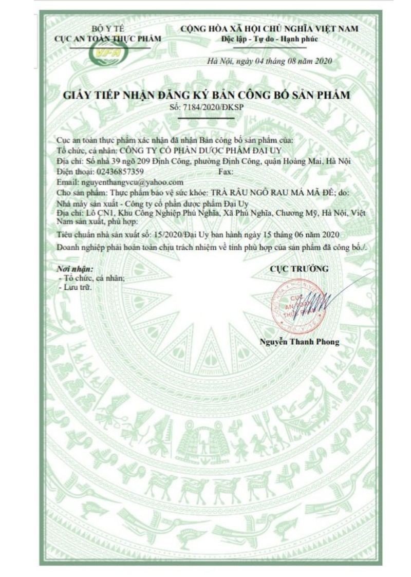 Bản công bố sản phẩm của Trà râu ngô Đại Uy
