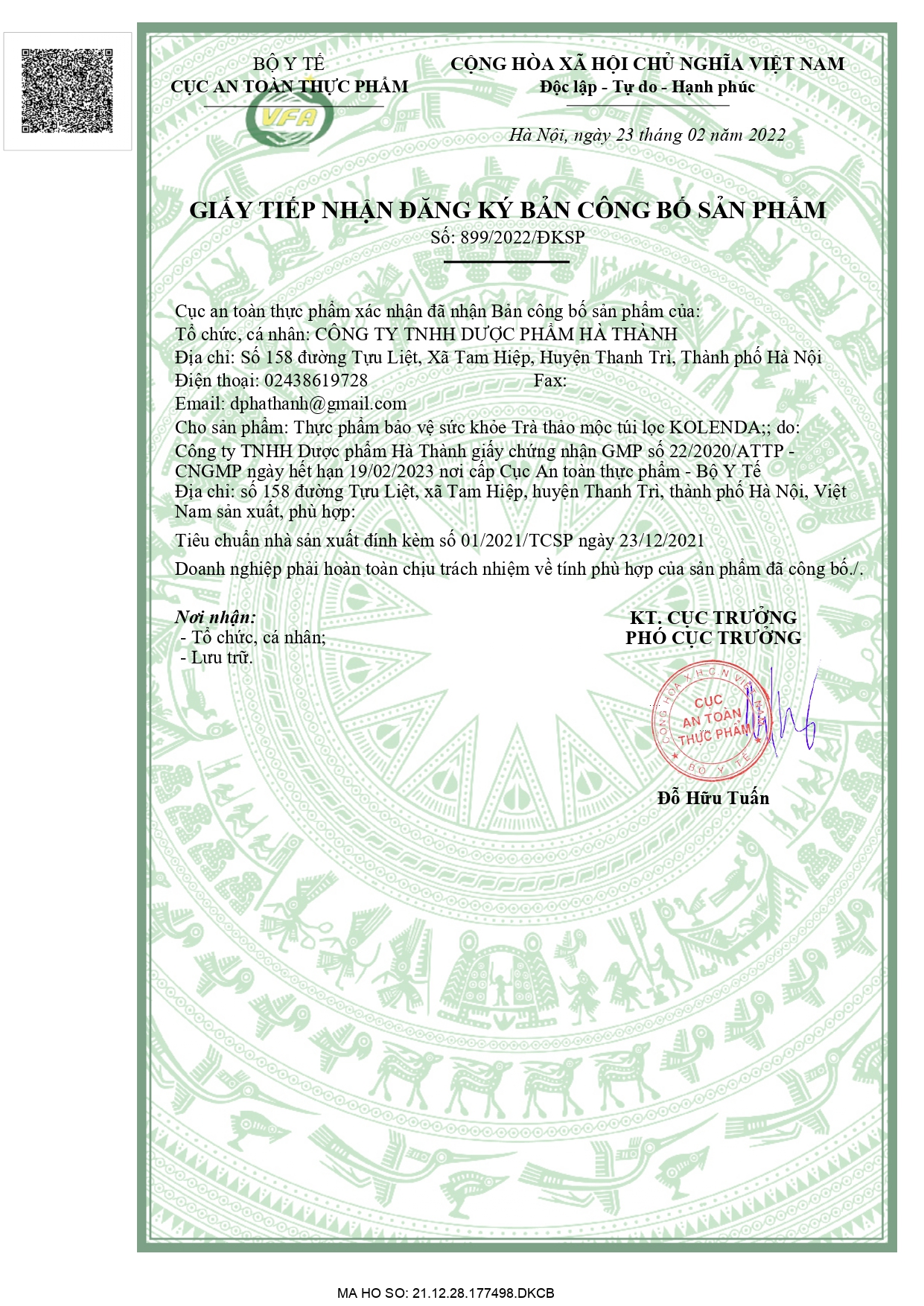Giấy đăng ký công bố sản phẩm Trà túi lọc Thảo dược Kolenda