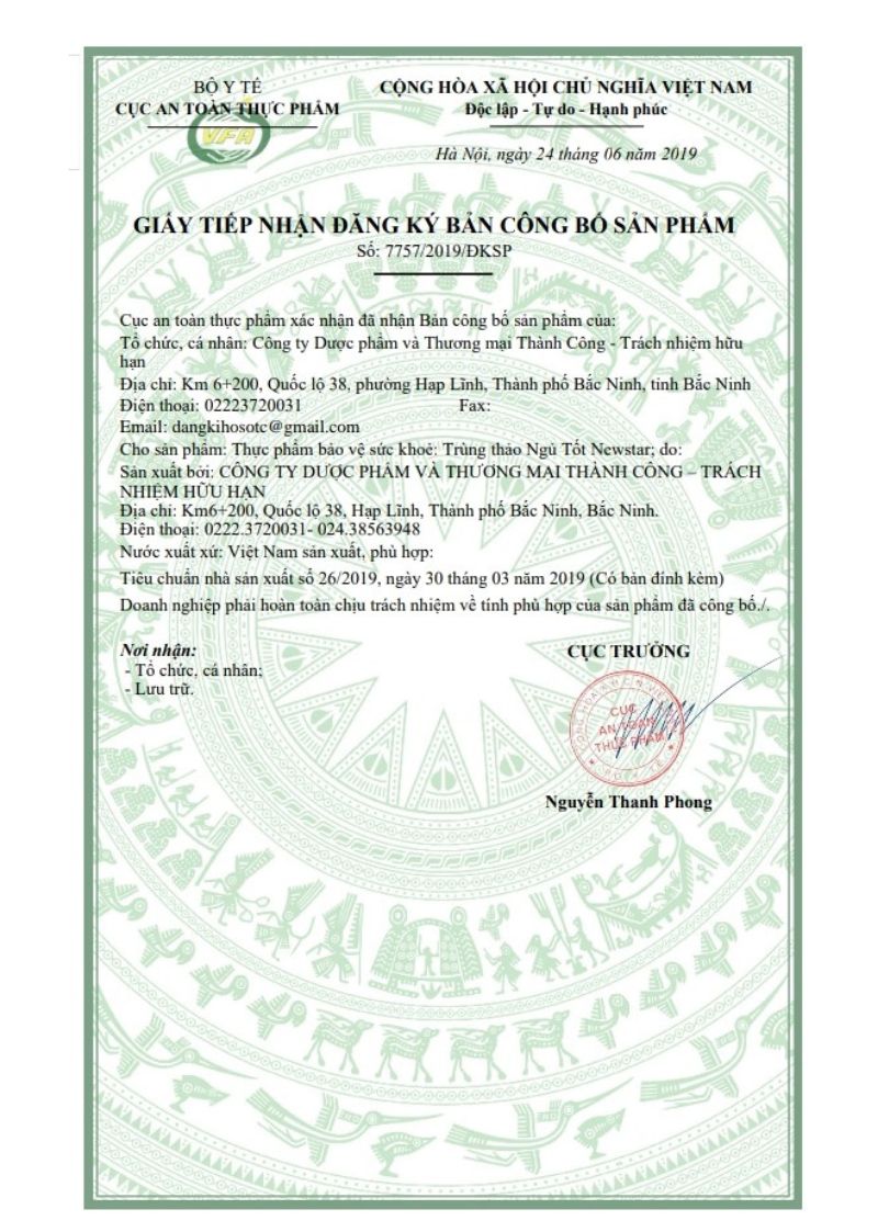 Bản công bố sản phẩm của Trùng Thảo Ngủ Tốt Newstar