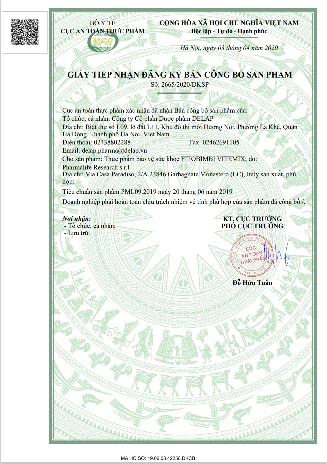 Bản công bố sản phẩm của Fitobimbi Vitemix