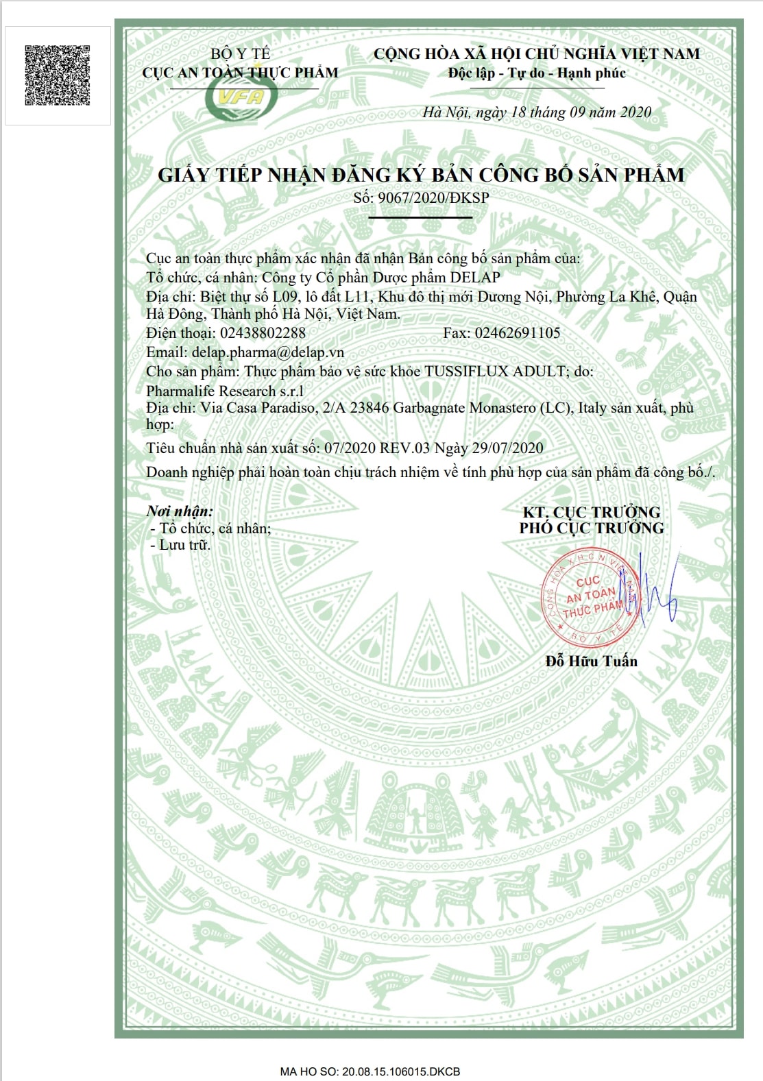 Bản công bố sản phẩm của Tussiflux Adult