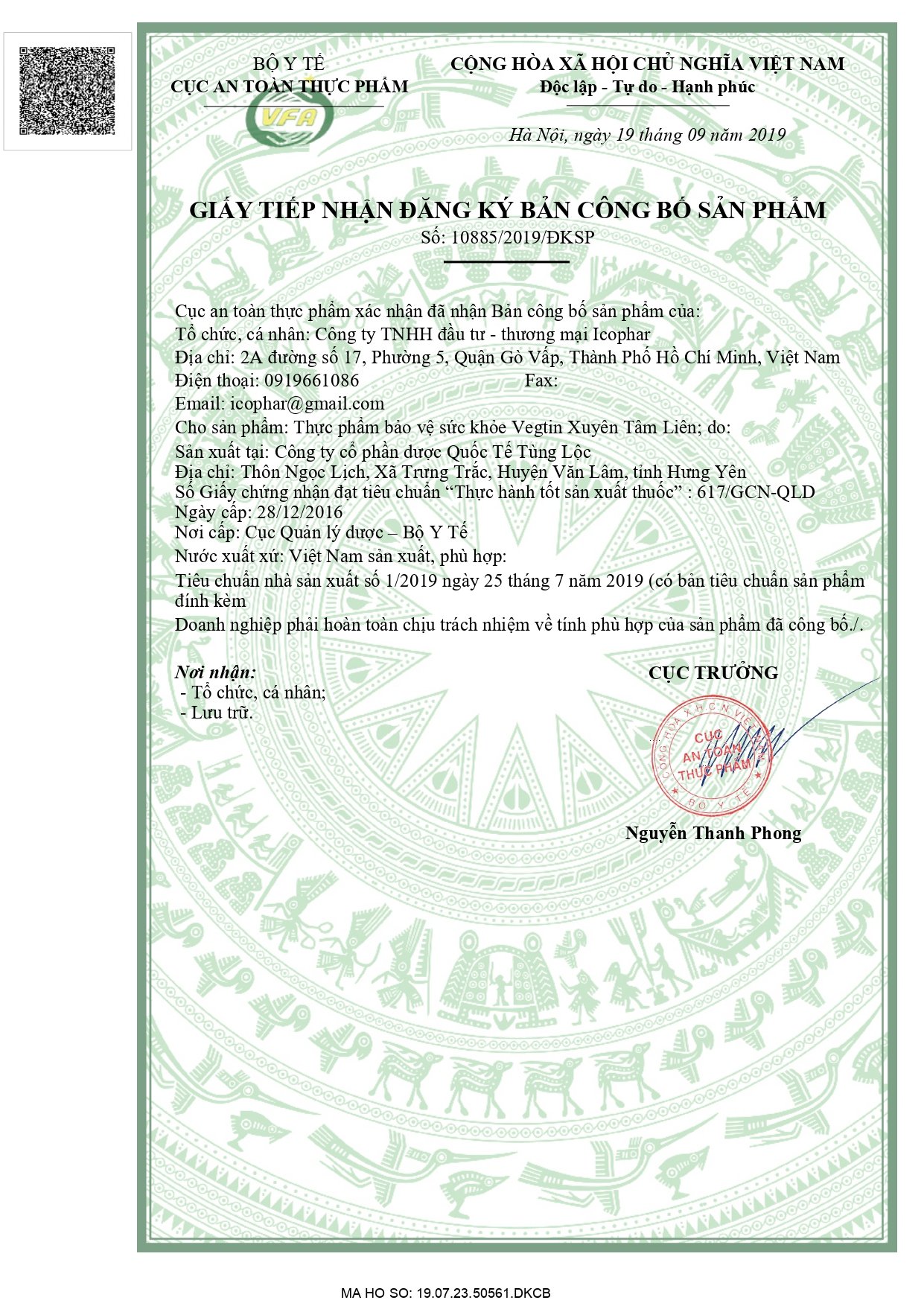 Giấy tiếp nhận công bố sản phẩm Vegtin Xuyên tâm liên 