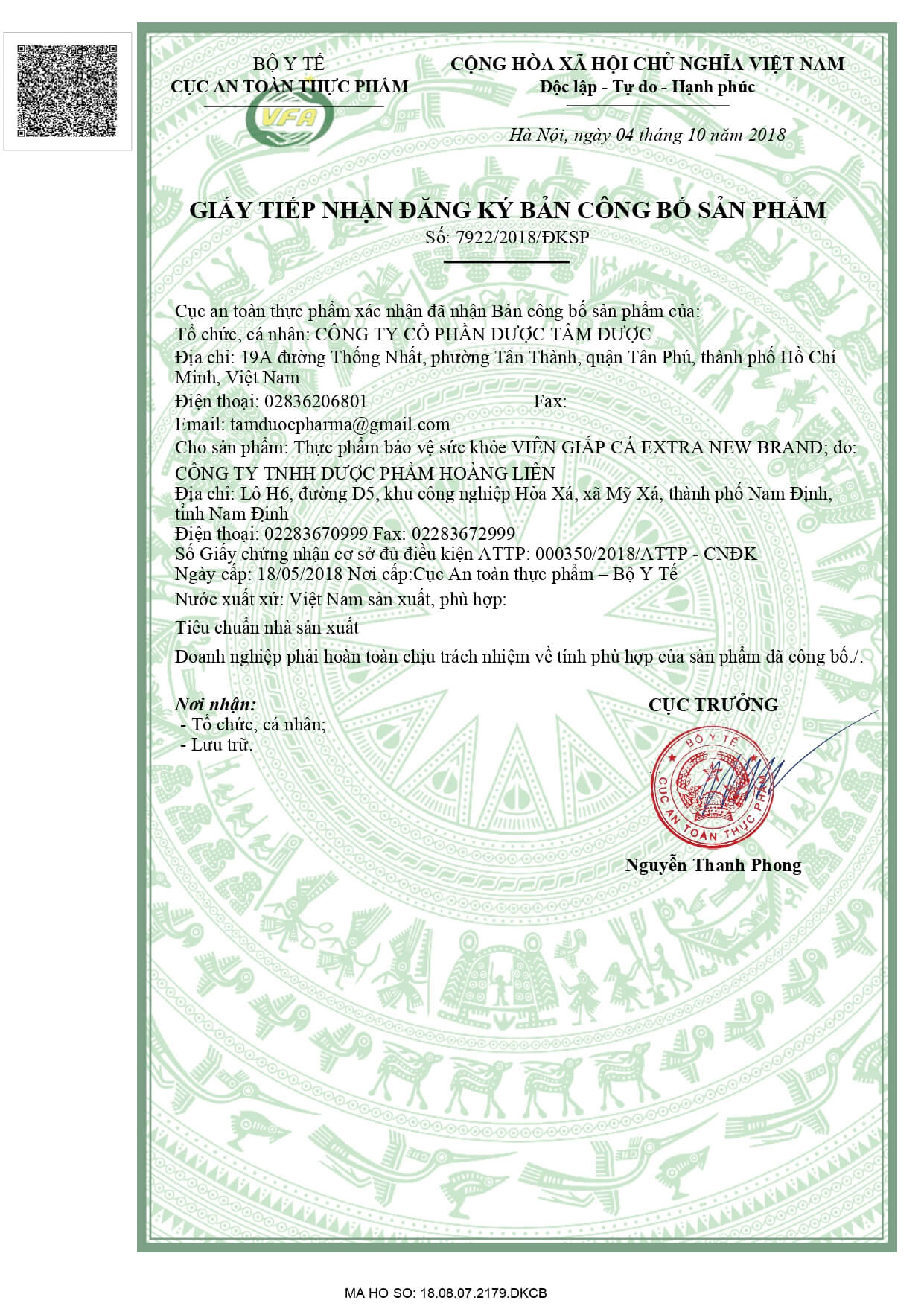 Giấy chứng nhận của Bộ Y tế về sản phẩm Vi&ecirc;n Giấp C&aacute; Extra