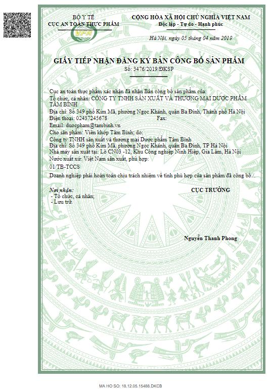 Giấy xác nhận công bố sản phẩm Viên Khớp Tâm Bình cấp bởi Bộ Y tế