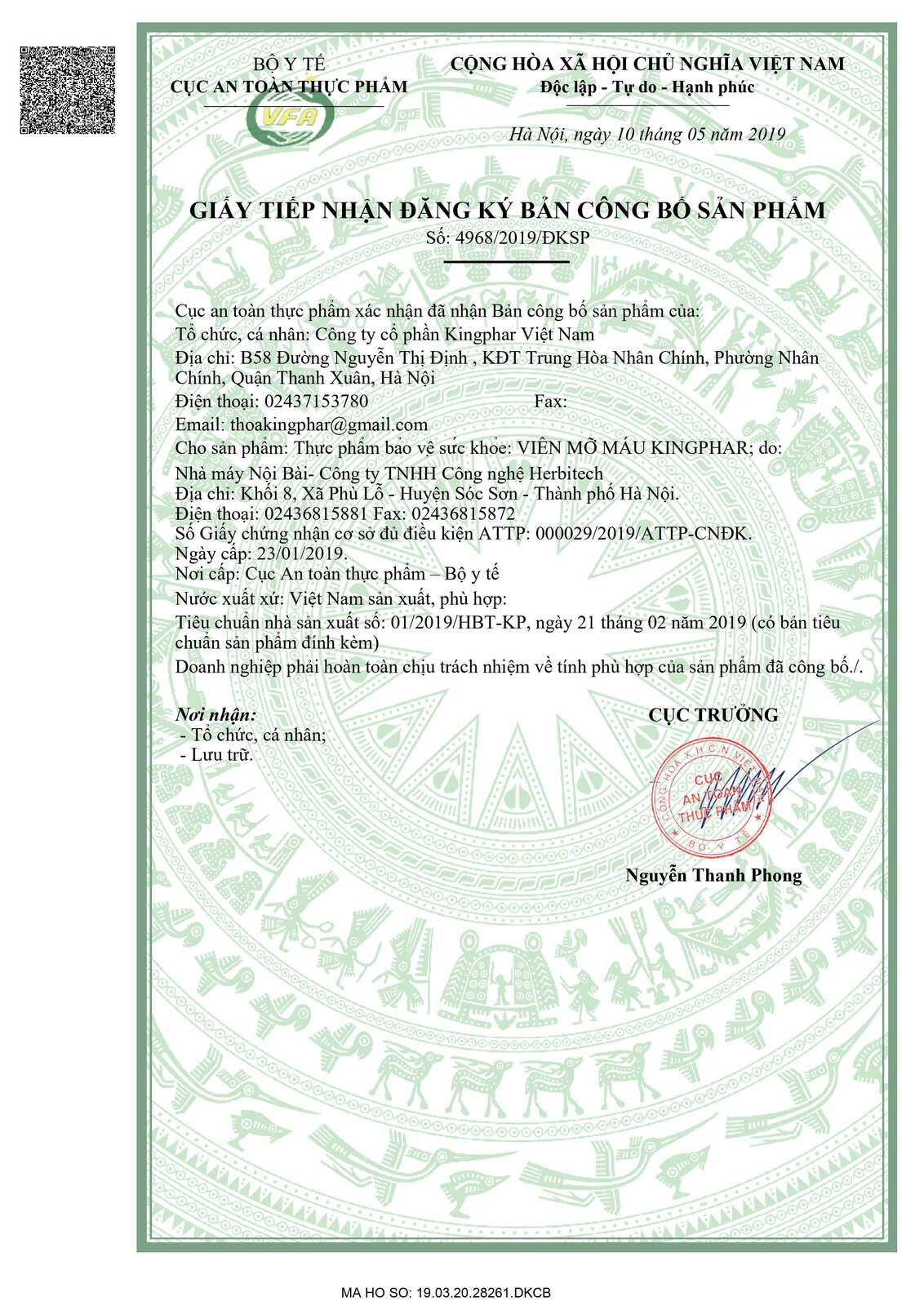 Giấy đăng kí sản phẩm an toàn được cấp bởi cơ quan y tế có thẩm quyền